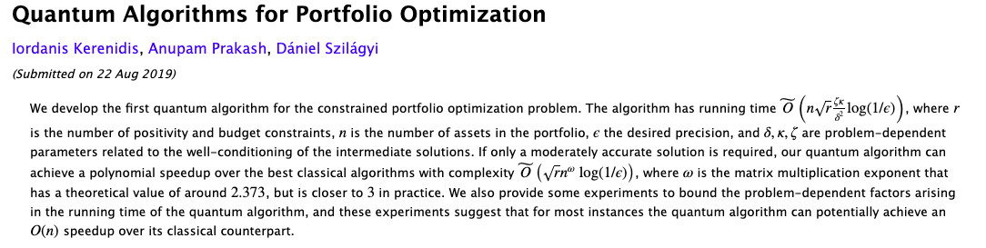 « Paper » of the week: Quantum Algorithms for Portfolio Optimization by Iordanis Kerenidis, Anupam Prakash, and Dániel Szilágyi