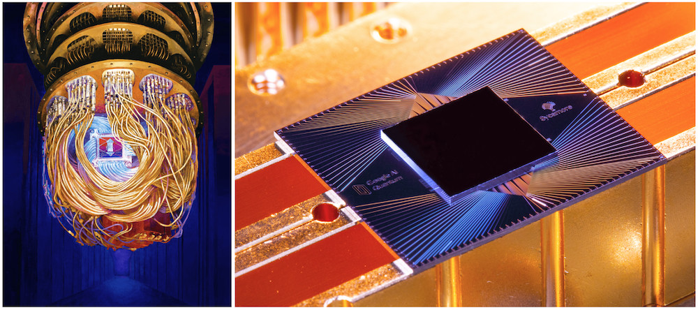 Left: Artist's rendition of the Sycamore processor mounted in the cryostat. (Forest Stearns, Google AI Quantum Artist in Residence) Right: Photograph of the Sycamore processor. (Erik Lucero, Research Scientist and Lead Production Quantum Hardware) Left: Artist's rendition of the Sycamore processor mounted in the cryostat. (Forest Stearns, Google AI Quantum Artist in Residence) Right: Photograph of the Sycamore processor. (Erik Lucero, Research Scientist and Lead Production Quantum Hardware)