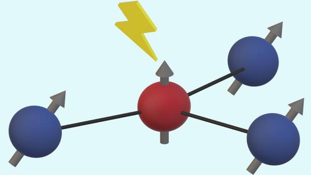 In a diamond crystal, three carbon atom nuclei (shown in blue) surround an empty spot called a nitrogen vacancy center, which behaves much like a single electron (shown in red). The carbon nuclei act as quantum bits, or qubits, and it turns out the primary source of noise that disturbs them comes from the jittery "electron" in the middle. By understanding the single source of that noise, it becomes easier to compensate for it, providing a key step toward quantum computing.  CREDIT MIT