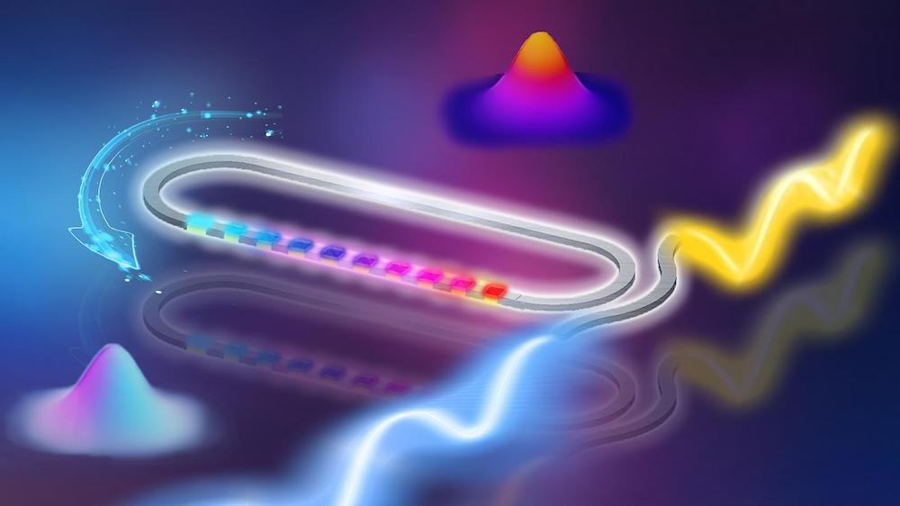 A stylized version of a racetrack nanosandblasted on lithium niobate, where photons are coaxed to interact with each other under low energy conditions. The new system could be optimized to work at the level of individual photons - the holy grail for room-temperature quantum computing and secure quantum communication. Photo Stevens Institute of Technology.
