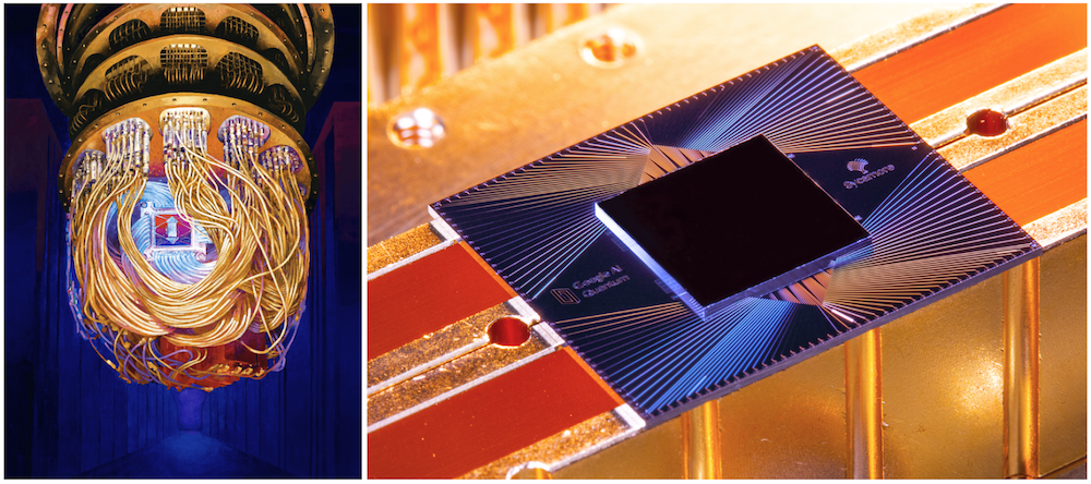 Left: Artist's rendition of the Sycamore processor mounted in the cryostat. (Forest Stearns, Google AI Quantum Artist in Residence) Right: Photograph of the Sycamore processor. (Erik Lucero, Research Scientist and Lead Production Quantum Hardware)