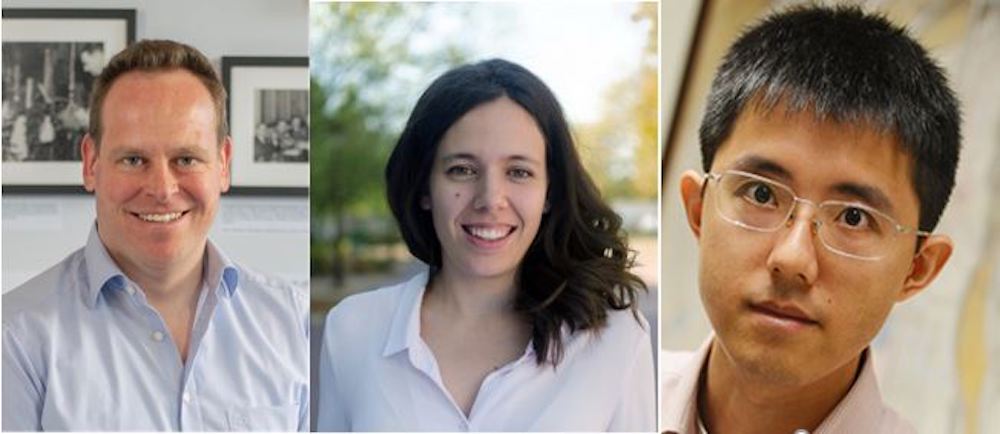(L-R) Principal Investigator Sebastian Will (Physics), and Co-PIs Ana Asenjo-Garcia (Physics), and Nanfang Yu (Applied Physics) have been awarded $2 million for a project aimed at extending the excited state lifetime of atoms.