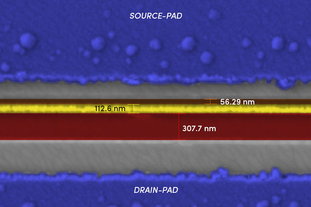 Transistors are the building blocks of computer hardware. Smartphones have billions of them. This image shows a gallium oxide transistor created with an electron beam lithography (EBL) system. The gate (the yellow line) is about 100 nanometers wide — a typical sheet of paper is 100,000 nanometers thick. This is an example of the extremely tiny structures that can be fabricated with EBL systems. Credit: Uttam Singisetti and Abhishek Vaidya, University at Buffalo.