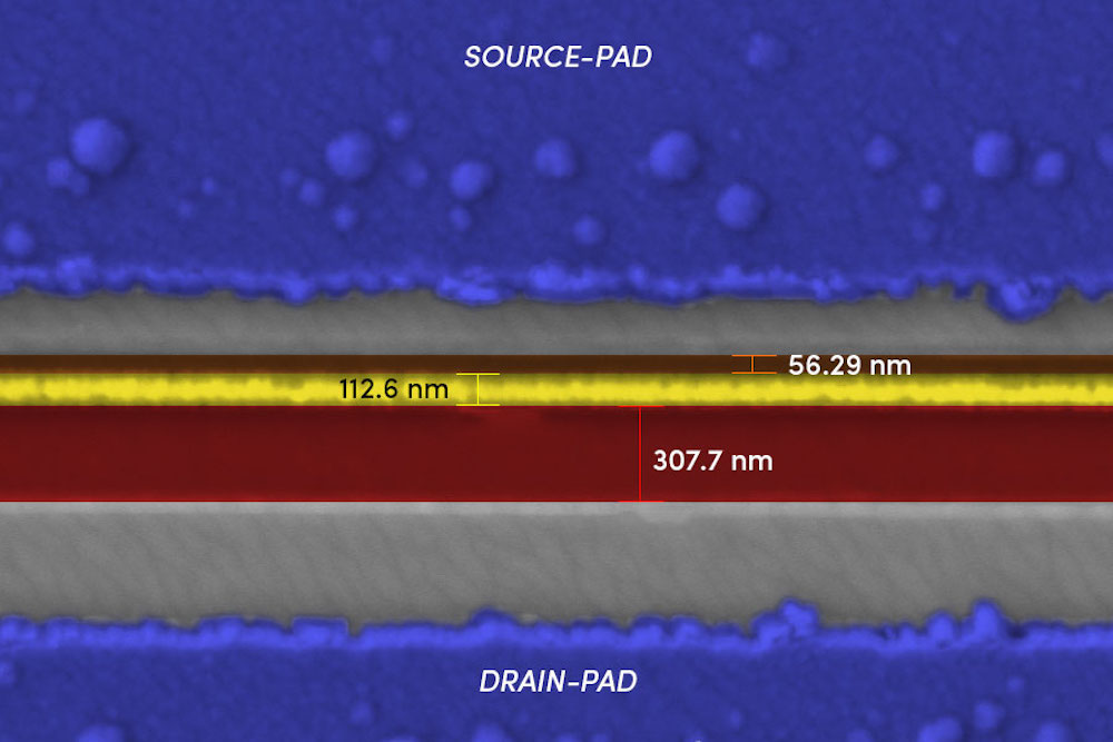 Transistors are the building blocks of computer hardware. Smartphones have billions of them. This image shows a gallium oxide transistor created with an electron beam lithography (EBL) system. The gate (the yellow line) is about 100 nanometers wide — a typical sheet of paper is 100,000 nanometers thick. This is an example of the extremely tiny structures that can be fabricated with EBL systems. Credit: Uttam Singisetti and Abhishek Vaidya, University at Buffalo. Transistors are the building blocks of computer hardware. Smartphones have billions of them. This image shows a gallium oxide transistor created with an electron beam lithography (EBL) system. The gate (the yellow line) is about 100 nanometers wide — a typical sheet of paper is 100,000 nanometers thick. This is an example of the extremely tiny structures that can be fabricated with EBL systems. Credit: Uttam Singisetti and Abhishek Vaidya, University at Buffalo.