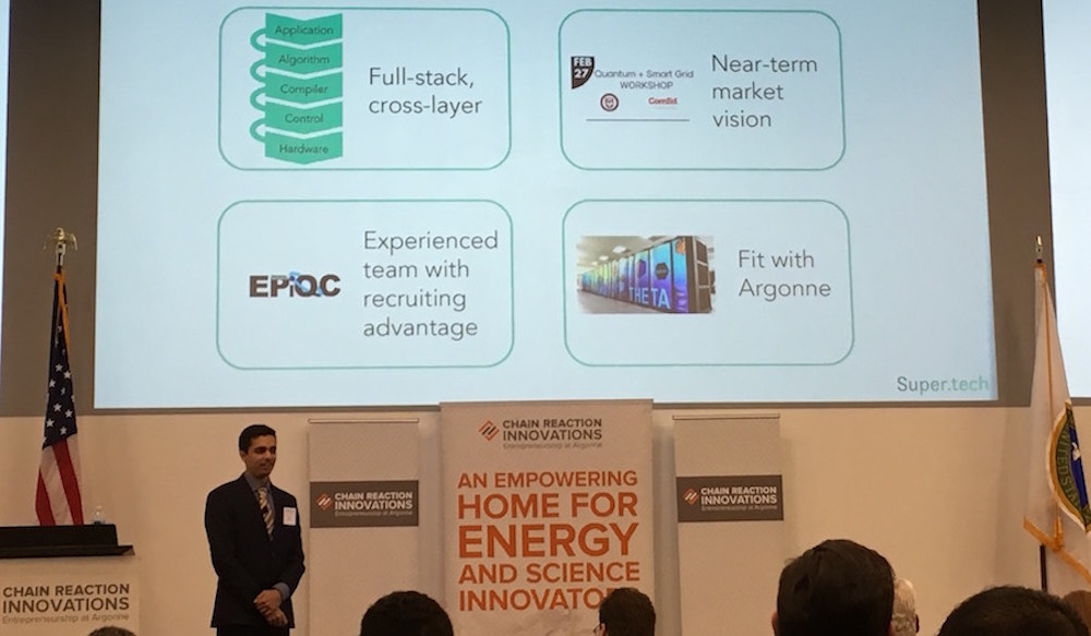 UChicago CS PhD student Pranav Gokhale pitches Super.tech at the finals of the Argonne Chain Reaction Innovations program. UChicago CS PhD student Pranav Gokhale pitches Super.tech at the finals of the Argonne Chain Reaction Innovations program.