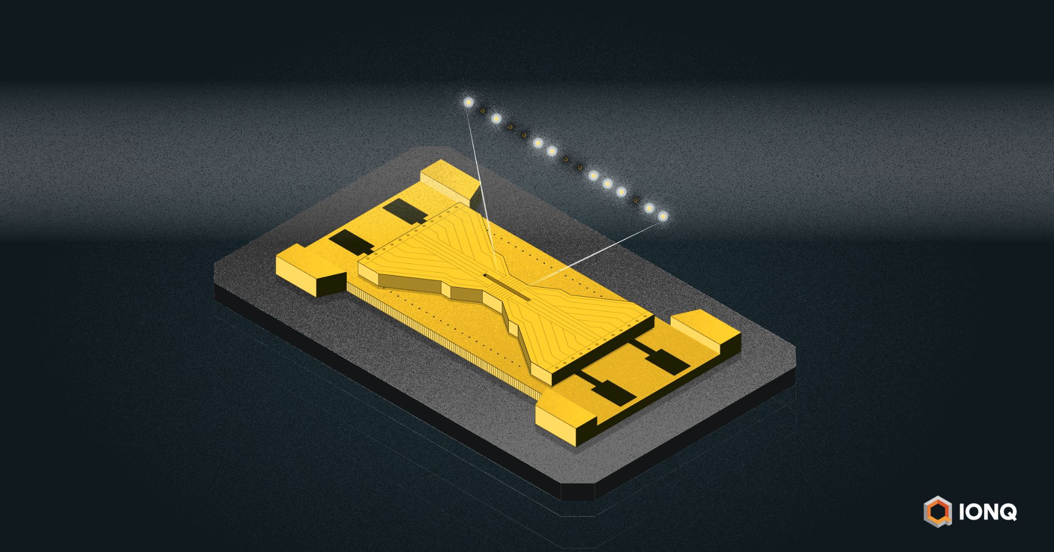 Illustration of qubit readout in an IonQ system — to read the state of ion qubits, the system shines a specially-tuned laser on the qubits, and then measures the light emitted. Illustration of qubit readout in an IonQ system — to read the state of ion qubits, the system shines a specially-tuned laser on the qubits, and then measures the light emitted.