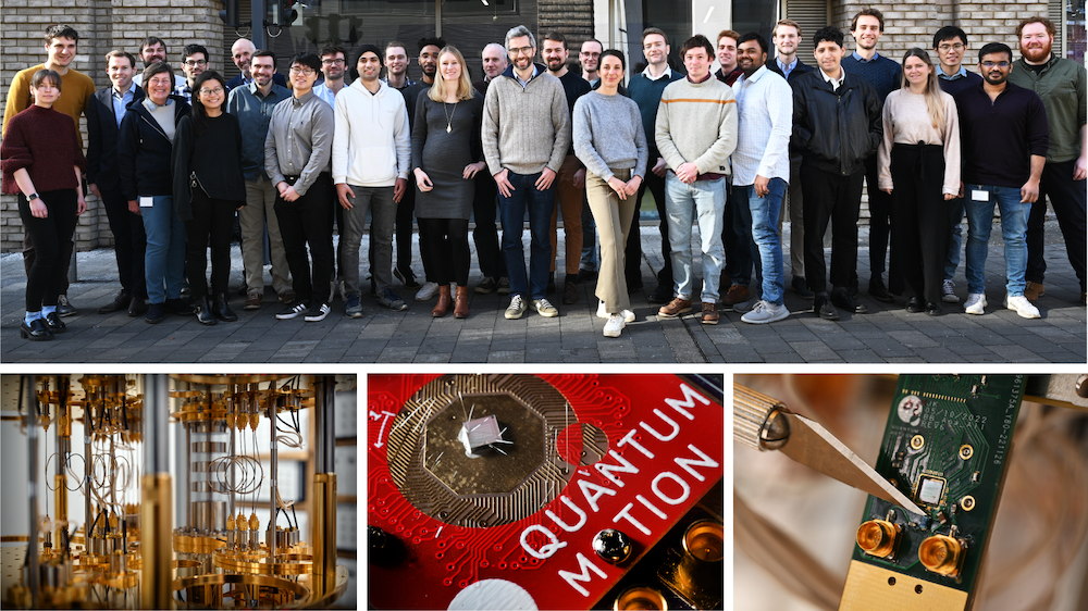 Top: Quantum Motion team outside London lab, Bottom left: Dilution Fridge, Bottom middle: Quantum motion chip, Bottom right: Quantum motion chip on circuit board and measurement puck for fridge